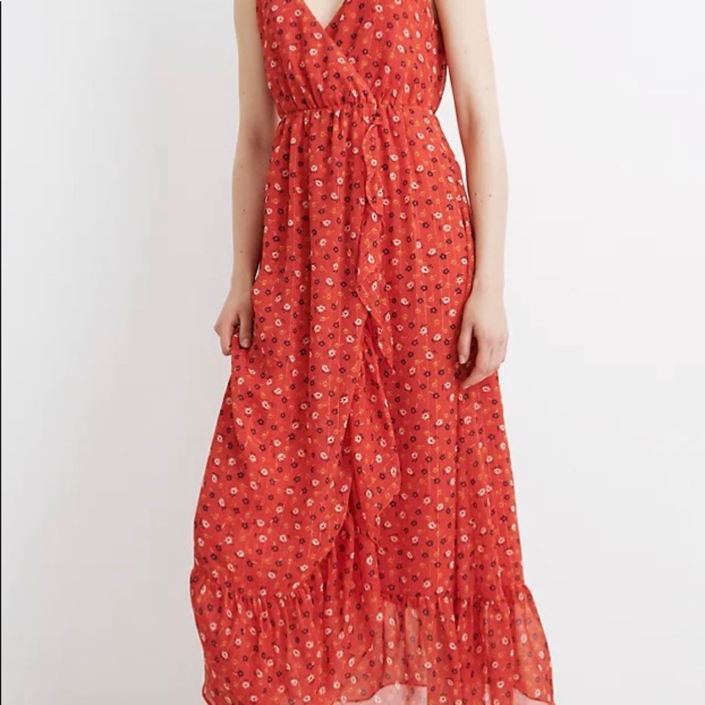 Madewell Ruffle-Strap Wrap Dress in Metallic-Striped Prairie Posies NWT Size 6